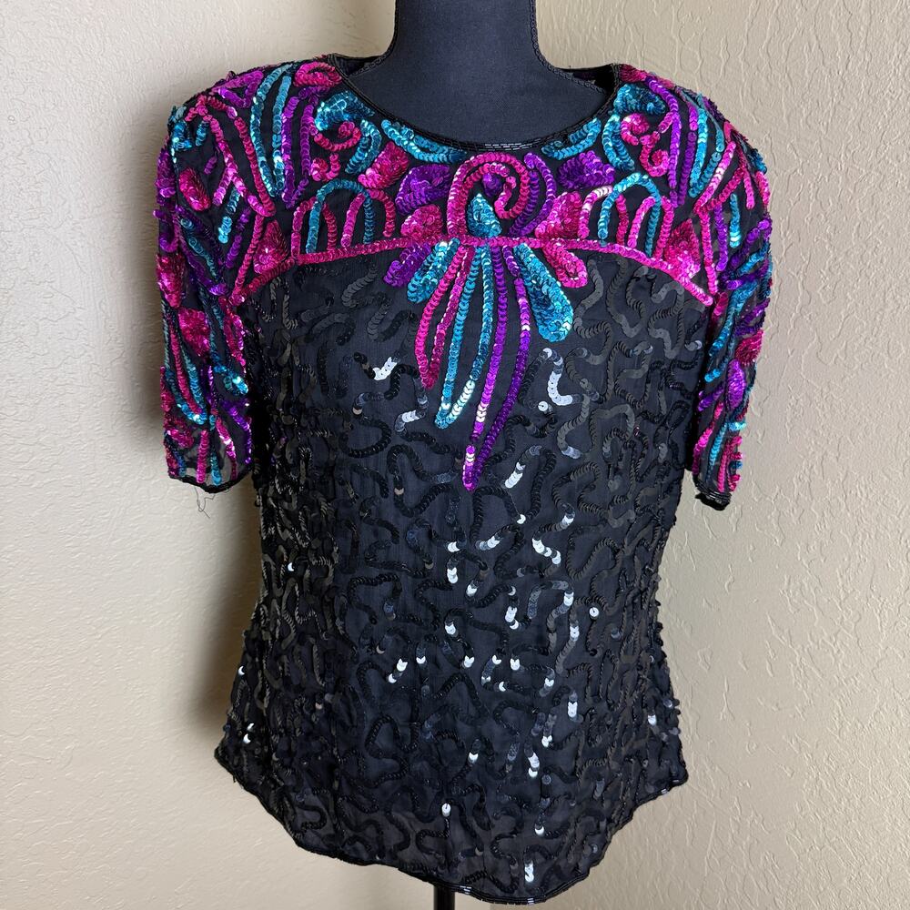 Christine Alexander Silk Sequin Blouse L Black Pink Purple Turquoise Beaded